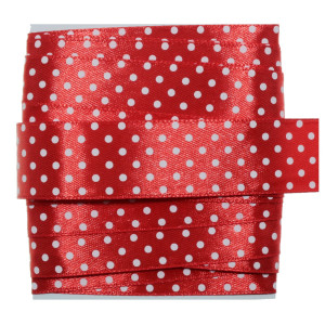 Panglica satinata rosie cu buline mici albe 25mm x 5m