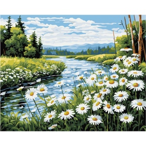 Pictura pe numere cu 24 culori acrilice si 3 pensule 40x50x1,6cm Niki4 - Rau si margarete KINPL8620