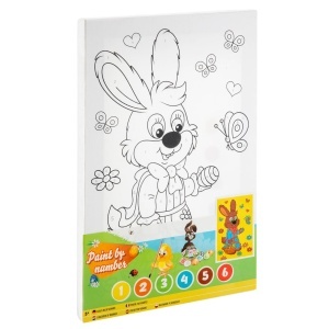 Pictura pe numere cu 6 guase si pensula Iepure Paste si cos 19,5x29,5cm 810004