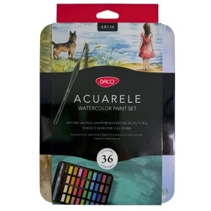 Acuarele 36 culori 3x1cm +1 pensula cu rezervor si 1 pensula cu par sintetic Daco AR136