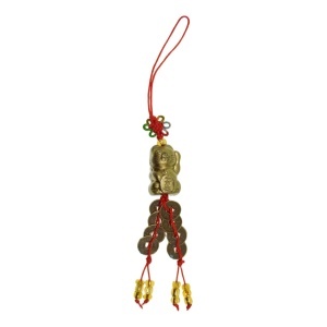 Amuleta Feng Shui - Pisica din rasina cu monede si margele 12cm rosu/bronz