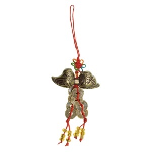 Amuleta Feng Shui - Rate mandarine din rasina cu monede si margele 12cm rosu/bronz
