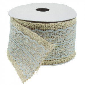 Banda iuta natur 6 cm cu dantela sintetica gri pe mijloc 4,5cm 4,3m/rola