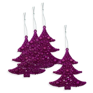 Brad plastic fucsia cu sclipici si agatatoare 9,5x8,5cm 4/set