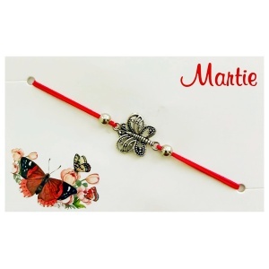 Bratara martisor fir elastic link metalic fluture argintiu/rosu
