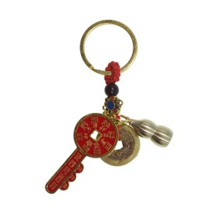 Breloc Feng Shui - Cheia succesului Wu Lou si monede 11,5cm auriu/rosu