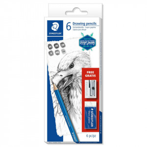 Creion grafica Mars Lumograph cu guma si ascutitoare 6/set Staedtler 61 100C6