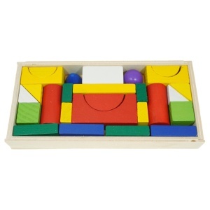 Cuburi lemn pentru constructie forme si culori diverse 8x17cm 26 piese/cutie