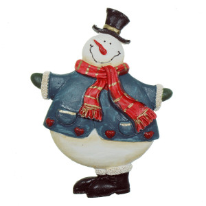 Decoratiune Craciun ceramica om de zapada cu haina albastra si magnet 8x10cm