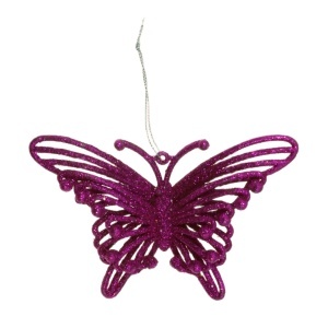 Fluture plastic cu sclipici fucsia si agatatoare 8x12cm