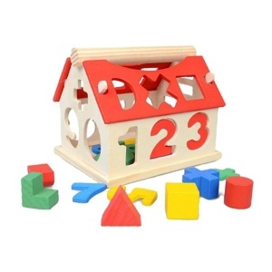 Joc educativ de potrivire din lemn - Forme geometrice si cifre in casuta - culori diverse 12x14,5x12,5cm 19 piese + casuta - Img 2