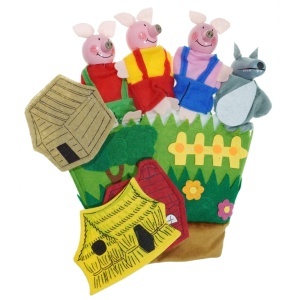 Marioneta manusa cu 4 personaje - Cei trei purcelusi - pasla, textil, lemn 18x21cm