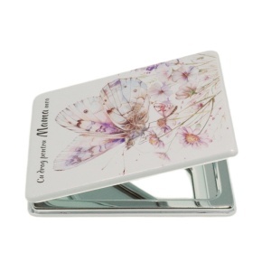 Oglinda de buzunar dubla model Fluture-5 si inscriptie Cu drag pentru mama mea 6x9cm alb/multicolor