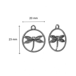 Pandantiv metalic argintiu inchis libelula in cerc 20x23mm 10/set - Img 2