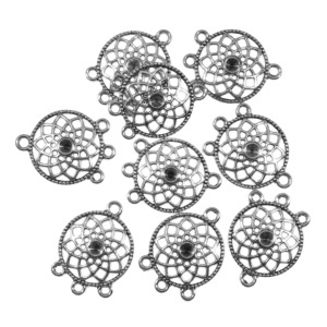 Pandantiv metalic chandelier argintiu inchis floare 10 petale in cerc 18x25mm 10/set