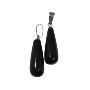 Pandantiv piatra semipretioasa onix negru lacrima 10x28mm cu agatatoare metalica argintie 2/set