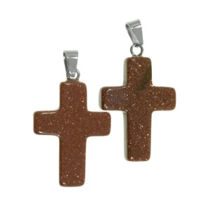 Pandantiv piatra semipretioasa sintetica goldstone maro cruce 19x29mm cu agatatoare metalica argintie 2/set