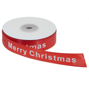 Panglica satinata rosie cu urare Merry Christmas! 20mm x 21m/rola