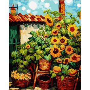 Pictura pe numere cu 24 culori acrilice si 3 pensule 40x50x1,6cm Niki4 - Floarea soarelui KINPL8424
