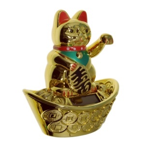 Pisica norocoasa Maneki Neko Feng Shui plastic 13cm auriu FN101 solara