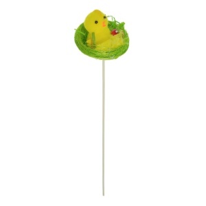 Pui polistiren galben in cosulet sisal verde cu oua si ciuperca 6x5cm pe bat 25,5cm