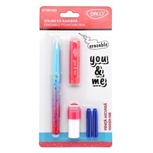 Stilou plastic bleu/roz penita ascunsa cu guma + 2 rezerve cu stergere Daco ST301AD