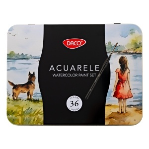 Acuarele 36 culori 3x1cm +1 pensula cu rezervor si 1 pensula cu par sintetic in cutie matalica Daco AR136 - Img 2