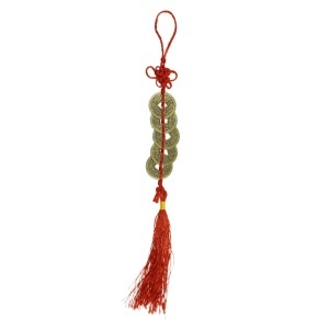 Amuleta Feng Shui - Nod mistic cu 5 monede si ciucure 26cm rosu/bronz