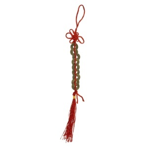 Amuleta Feng Shui - Nod mistic cu 9 monede si ciucure 26cm rosu/bronz