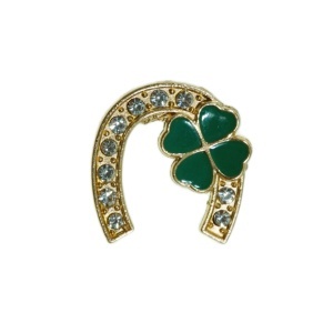 Brosa potcoava cu strasuri si trifoi cu 4 foi 2,2x2,3cm auriu/verde