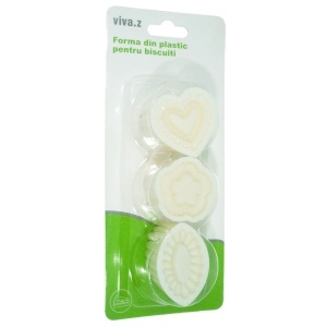 Decupator plastic cu embosare floare/ inima 4,5-5,5x3,5cm 3 modele/set alb T10015