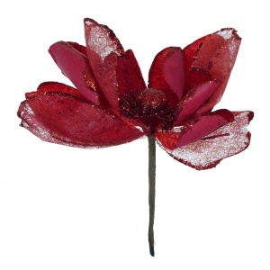 Floare plastic si textil rosu cu sclipici 10cm tija 12cm