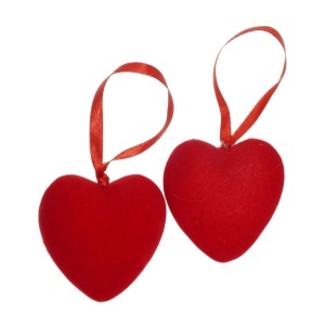 Inima polistiren si catifea cu funda rosie 5,8x5,8cm si agatatoare 2/set