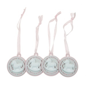 Marturie botez ceramica/placaj calut 3x3,5cm cu gaura si agatatoare 4/set alb/roz