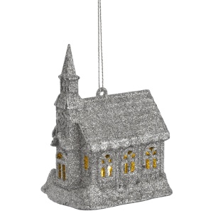 Miniatura biserica plastic argintie cu sclipici si led 7,5x5,5x10cm Canea 67CAN2243_S