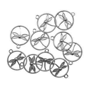 Pandantiv metalic argintiu inchis libelula in cerc 20x23mm 10/set