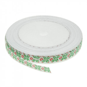 Panglica satinata alba cu motive traditionale rosu cu verde 10mm x 18m/rola