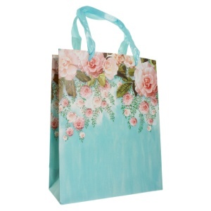 Punga carton maner panglica model trandafiri 18x10x23cm bleu/multicolor