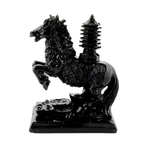Statueta Feng Shu din rasina Cal cu Pagoda pe suport 4,5x7x8,7cm negru
