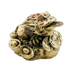 Statueta Feng Shui din rasina Broasca raioasa cu moneda si strasuri 5x5,5x4cm bronz cu rosu FS39