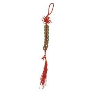 Amuleta Feng Shui - Nod mistic cu 8 monede si ciucure 25cm rosu/bronz