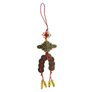 Amuleta Feng Shui - Nod mistic din rasina cu monede si margele 14cm rosu/bronz