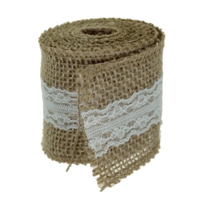 Banda iuta natur cu dantela alba pe mijloc model-1 6cm x 2m