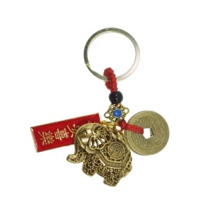 Breloc Feng Shui - Elefant cu pepite si monede 10,5cm auriu/rosu