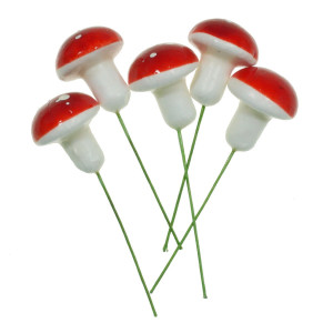 Ciuperca polistiren rosie cu buline 2,5x3cm cu tija 5/set