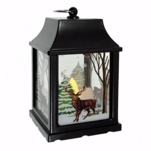 Felinar plastic negru cu decor ren si led 6x6x10cm