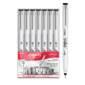 Liner grafic arhitect 7 dimensiuni/set varf 0,05-1 si tip pensula Daco PX5507