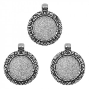 Pandantiv baza argintiu inchis 25x31mm pentru cabochon rotund 18mm 3/set P221
