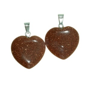 Pandantiv piatra semipretioasa sintetica goldstone maro inima 20x22mm cu agatatoare metalica argintie 2/set