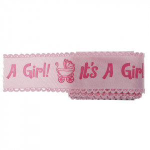 Panglica ripsata botez cu inscriptia roz It's a Girl margine dantelata 35mm x 3m
